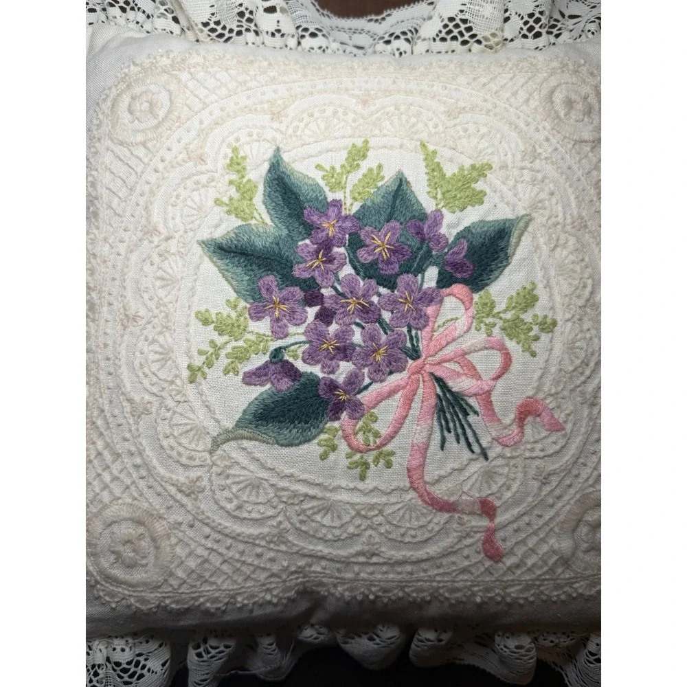Vintage Embroidered Violet Bouquet Lace Ruffle Throw Pillow Cottage Shabby Chic